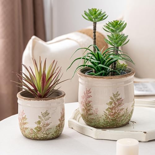 SURE YUESI Ceramic Plant Pots Set of 2, 4.7+5.7 Inch Vintage Indoor Planters with Drainage Hole, Farmhouse Ceramic Flower Pots for Indoor Plants, Rustic Cottage Decor for Home Kitchen Garden, Pink - Image 5