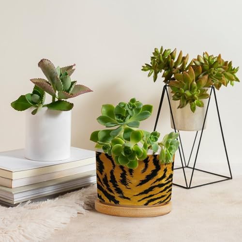 Tiger Fur Skin Ceramic Planters Black and Yellow Animal Stripe Print Snake Plant Live Indoor with Pot with Drainage Holes and Saucers Pot for Pots Outdoor Indoor Plants - Image 4