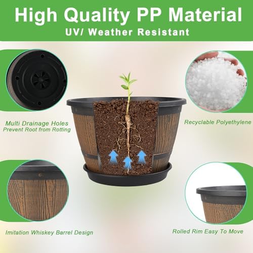 16-inch-Plant-Pots-Indoor-Outdoor, 4 Pack Large Whiskey Barrel Planters with Drainage Holes & Saucer, Plastic Flower Pots Imitation Wine Barrel Design, Decorative Garden Pots for Plants - Image 4