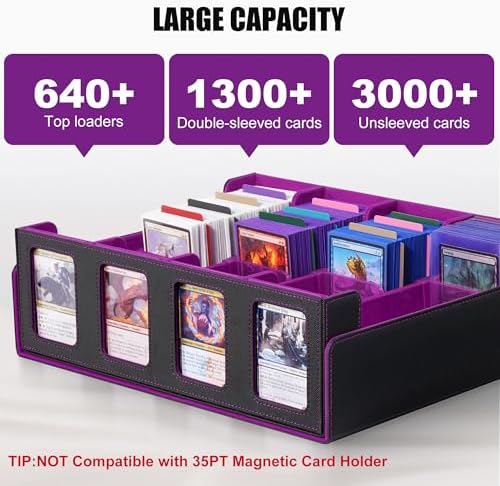 Trading Card Storage Box with Commander Display , 4-Row Deck Case with Removable Lid; 2400+ Card Deck Box for MTG TCG Sports Card, 4 Top Loaders, 4 Stoppers, 24 Dividers,1 Dice Bag (Black Purple) - Image 2