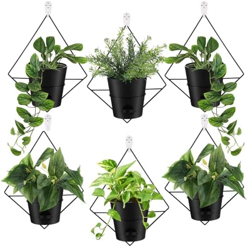 Baderke 6 Sets Wall Planters for Indoor Plants Hanging Wall Planter with Metal Holder Geometric Self Watering Wall Pots Mounted Succulent Pots, 5" Black Plant Container by Baderke
