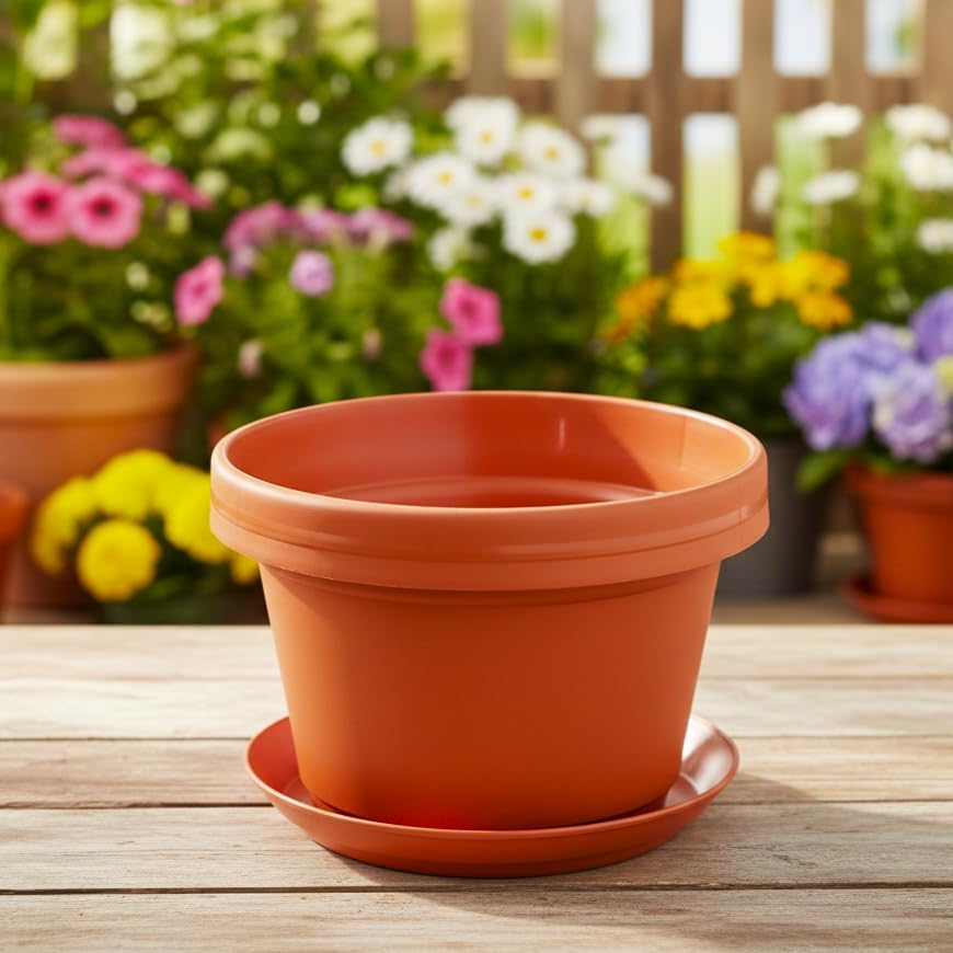 Flower Pots with Saucers, 7 inch, Fire Orange Case of 5 - Image 3