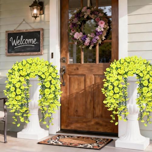 Artificial Hanging Flowers for Outdoors, 4 PCS 600 Blooms UV Resistant Morning Glory Faux Silk Vines, No-Odor Realistic Fake Plants for Garden Planter Porch Patio Decoration, Yellow - Image 5