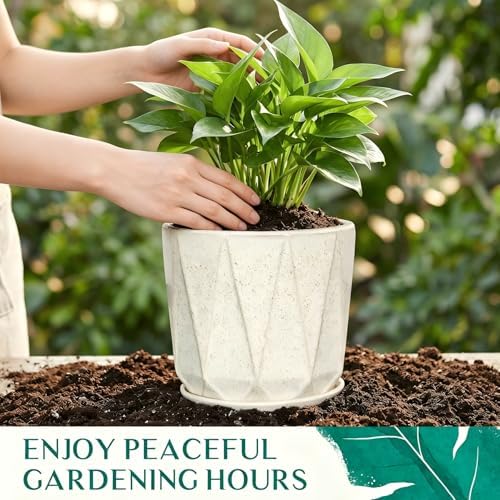 7.8 Inch Ceramic Plant Pot with Drainage Hole Mesh Net, Large Flower Pots for Indoor Plants with Saucer, Gardening Pots Outdoor (Silk White) - Image 5