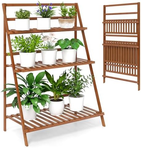 GIANTEX Foldable Bamboo Ladder Plant Stand, 3 Tier Plant Shelf, Brown by Giantex