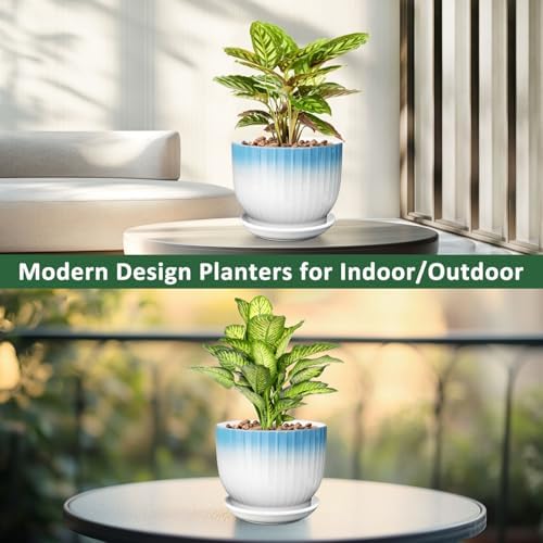 8 Inch Ceramic Plant Pot, Blue + White - Image 6