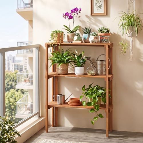 Giantex Foldable Plant Shelf, 3-Tier Solid Wood Indoor Outdoor Flower Pot Display Rack, Corner Storage Bookshelf, Freestanding Tiered Plant Stand for Garden Patio Balcony, No Assembly - Image 2