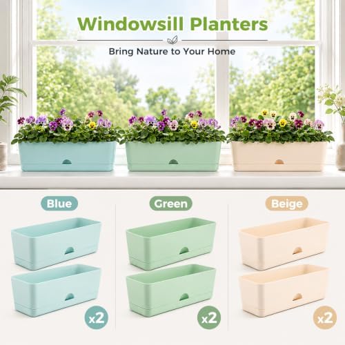 6 Pack Rectangle Planter 16 Inch Window Boxes Planters Rectangular Window Sill Planters Indoor Self Watering Plant Pots with Drainage Holes and Saucers Succulent Herb Flower Pots, Macaron Color - Image 2