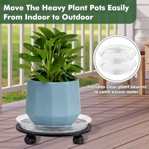 Planterhoma 4 Packs 14 Inch Rolling Plant Stand with Wheels Metal Plant Caddy with Wheels Heavy Duty Plant Rollers with Wheels Round Wrought Iron Plant Stand with Clear Saucers, Matte Black - Image 5