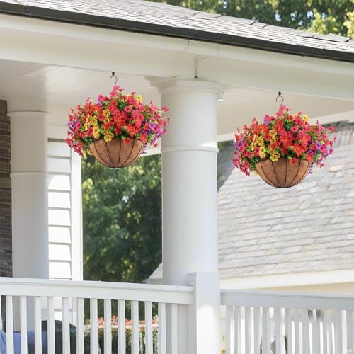 Hananona 2 Set Artificial Outdoor Flowers with Hanging Basket, 2 Hanging Planters with 24 Pcs Flowers for Spring Summer Front Porch Garden Patio Home Decor (2, Red, Purple, Yellow, Rose Red) - Image 5