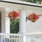 Hananona 2 Set Artificial Outdoor Flowers with Hanging Basket, 2 Hanging Planters with 24 Pcs Flowers for Spring Summer Front Porch Garden Patio Home Decor (2, Red, Purple, Yellow, Rose Red) - Image 5