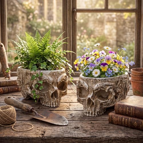 2 Pack Halloween Skull Planter, White, Carved - Image 3