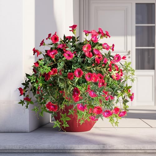 Artificial Flowers Artificial Petunias for Outdoors Artificial Hanging Plants Outdoor Silk Flowers with Stems Outdoor Flowers Uv Resistant for Porch Decor Terrace Decor，Rose Red with Pot 2PCS by ENALGRE