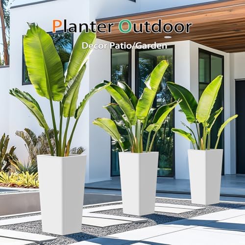 Heyzier Tall Planters for Outdoor Plants, Large Resin Flower Pots for Garden, Front Porch, Patio, Indoor - Set of 2 (White, 28 inch - 2 Pack) - Image 4