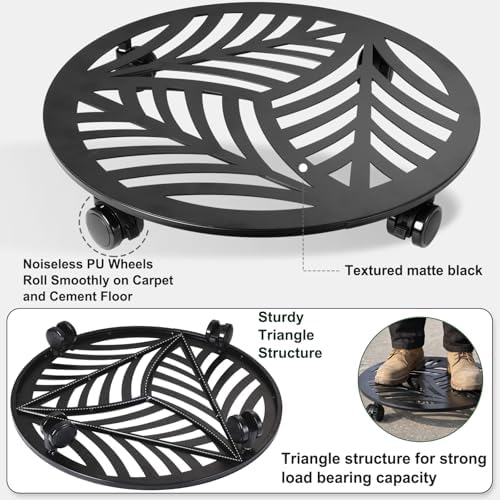 3 Packs Large Metal Plant Caddy with PU Wheels 15" Heavy-Duty Wrought Iron Rolling Plant Stands Indoor Outdoor Wheeled Plant Dolly Planter Mover Rollers Plant, Leaf Style - Image 4
