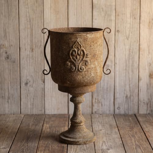Vintage Tall Urn Planter with Embossed Pattern & Handles, 26 Inch Distressed Rust Iron Decorative Pot, Rustic Farmhouse Floor Pot for Indoor Outdoor Porch Entryway Patio Garden Decor(A3039) by Unknown