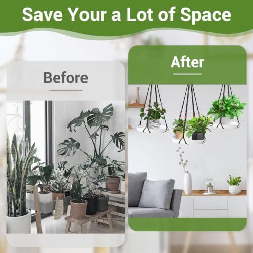 GREANER 2 Sets Hanging Plant Shelf, Black Indoor Hanging Plant Stand with Large Plastic Tray, Flower Pot Holder for Succulents, Cacti, Small Plants - Image 4