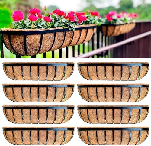 LaLaGreen Outdoor Wall Planter - 8 Pack, 30 Inch Large Metal Basket with Coco Liner, Long Window Flower Box Deck Railings Hanging Horse Trough Balcony Plant Pot Garden Fence Balcony Patio Rail by L%C3%A1L%C3%A1Green