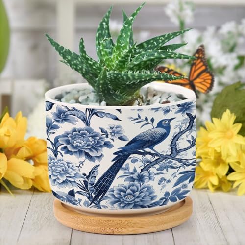 Blue Indigo Floral Chinoiserie Planter Ceramic Asian Navy Bird Round Plant Pot with Drainage Holes and Bamboo Tray Pot for Home Office Desk Garden - Image 6