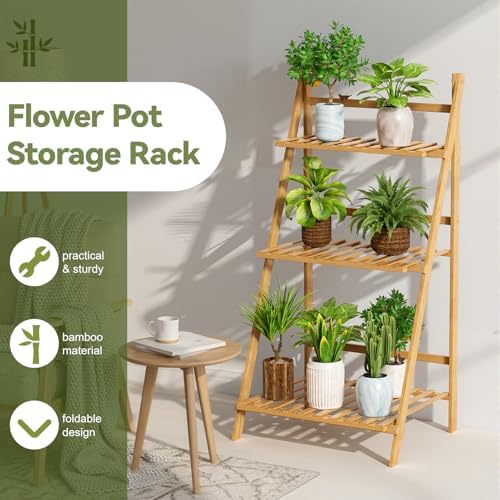 3-Tier Bamboo Ladder Shelf, Foldable Flower Display Stand, Indoor Outdoor Plant Stand, Plant Shelf with Easy Assembly for Garden, Balcony, Yard, Living Room - Image 3