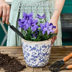 Vintage Ceramic Planter with Drainage Hole, Plastic Tray & Mesh, 6.5 Inch - Indoor/Outdoor Flower Pot, Blue Floral Rustic Farmhouse Design Plant pot for Home, Office & Garden Décor, Ideal Gift - Image 2