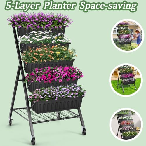 TEANDE Vertical Raised Garden Bed with Wheels & Shelves, 5-Tier Elevated Planter Box w/Drainage System & 4 Hooks for Herbs Vegetables Flowers, Vertical Garden Planter for Patio Yard Indoor Outdoor - Image 5
