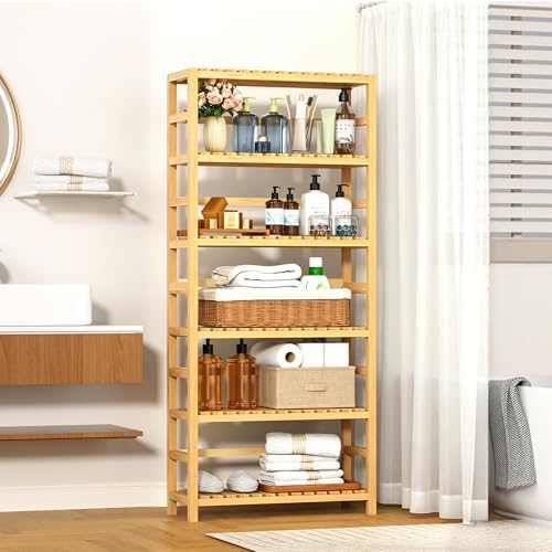 VASMIA 6-Tier Bamboo Shelf,Bamboo Storage Shelving Unit,Tall Bookcase with Adjustable Shelves,Multipurpose Storage Display Shelf for Bathroom, Living Room, Balcony, Kitchen,Natural - Image 4
