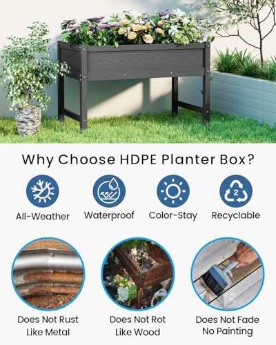 Weatherproof Raised Garden Bed, HDPE Outdoor Elevated Planter Box with Legs, Garden Box, Flower Beds for Patio, Deck, Balcony (Black) - Image 3