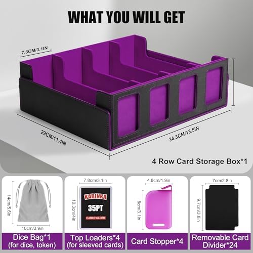 Trading Card Storage Box with Commander Display , 4-Row Deck Case with Removable Lid; 2400+ Card Deck Box for MTG TCG Sports Card, 4 Top Loaders, 4 Stoppers, 24 Dividers,1 Dice Bag (Black Purple) - Image 3
