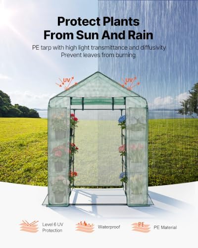 VEVOR Walk-in Greenhouse, 55.5" x 56.1" x 78.7" Greenhouse for Outdoors with PE Cover, 2 Tiers 8 Shelves, Roll-Up Zipper Door, Walk in Green House, Portable Plant Garden Hot House for Backyard Outside - Image 5