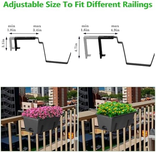 OYEAL Deck Railing Planter Boxes Set of 2 Over The Fence Planters Rail Hanging Planter Boxes with Adjustable Brackets, 6 Plastic Flower Boxes, Grey - Image 4