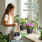 Meowell Self Watering Pots Set of 7 – Assorted Size 4" to 8" Indoor Plant Pots with Drainage Holes and Clear Reservoir for Visible Water Level, Plastic Wicking Planter for House Plants & Flower, Black - Image 3