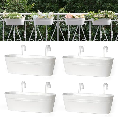 Dahey 15 Inches Railing Planter Box 4 Pcs Metal Hanging Flower Pots, White by Dahey