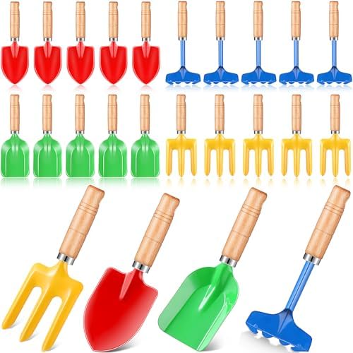 48 Pcs 8" Kids Gardening Tools, Metal Beach Sandbox Digging Toys with Wooden Handle, Including Shovel, Rake, Fork and Trowel, Garden Sand Snow Tools for Children Gift Outdoor Gardening by Motionchic