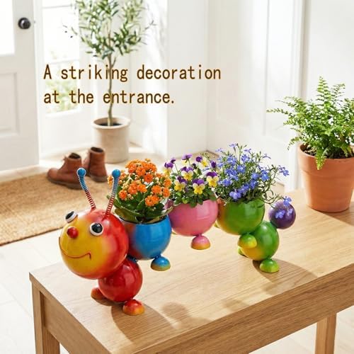Metal Yard Art Garden Decor Handmade Cute Caterpillar Flower Pot for Mini Plant Cactus Flower Planter, Small Flower Pot for Office Desktop Yard Garden, Birthday Gift for Mom, Grandma-Colorful - Image 6