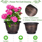 Plastic-Plant-Flower-Planters-12 Inch with Drainage Hole & Saucer, 3 Packs Lightweight Small Resin Flower Pot Indoor Outdoor, Retro Antique Imitation Decorative Garden Containers Sets for Houseplants - Image 3