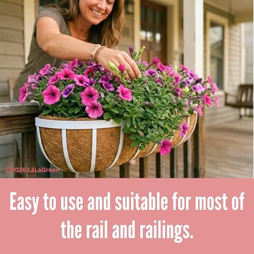 LaLaGreen Deck Railing Planter Boxes (2 Pack, 30") White Metal Rectangular Window Flower Box with Coco Liner, Large Wall Hanging Planter for Outdoor Plants Balcony Fence Deck Rail Porch Patio Garden - Image 4