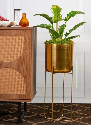 Serene Spaces Living Tall Gold Planter with Detachable Metal Stand - Modern Mid Century Decorative Indoor Plant Pot - Large Floor Planter for Living Room, Kitchen, Office - 26" H x 9.25" Diameter - Image 4