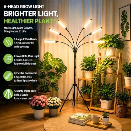 6 Heads LED Grow Lights for Indoor Plants Full Spectrum 540 LEDs, Plant Lights for Indoor Growing with Tripod Stand, Floor Grow Light with Auto 3/6/9/12/15/18H Timer for Indoor Tall Plants. - Image 2