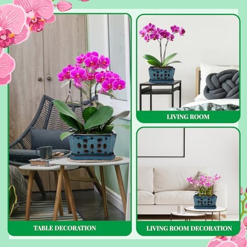 Teenyyou 9.5" Orchid Pot Ceramic with Hole Saucer for Repotting, Blue - Image 6