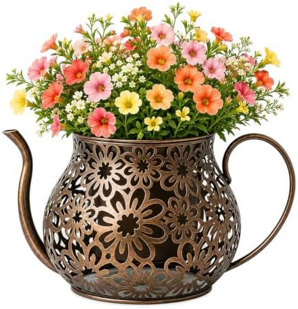 Antique Metal Teacup Planter for Outdoor Plants Teapot Planter Floral Hollow Out Decorative Rustic Iron Flower Pot for Summer Garden Patio Home Decor (Bronze) by Unknown