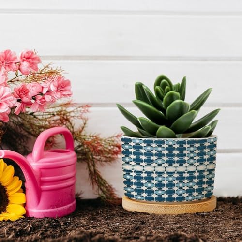 Blue Geometric Planters Ceramic Blue and White Round Plant Pot with Drainage Holes and Bamboo Tray Pot for Outdoor Garden Home Plant - Image 5