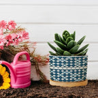 Blue Geometric Planters Ceramic Blue and White Round Plant Pot with Drainage Holes and Bamboo Tray Pot for Outdoor Garden Home Plant - Image 5