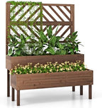 Raised Garden Bed with Trellis & 2 Planter Boxes, 2-Tier Outdoor Wooden Elevated Planter Box with Legs & Drainage Holes, Gardening Planters for Flowers, Herbs, Vegetables & Fruits(Brown) by TOOLSEMPRE