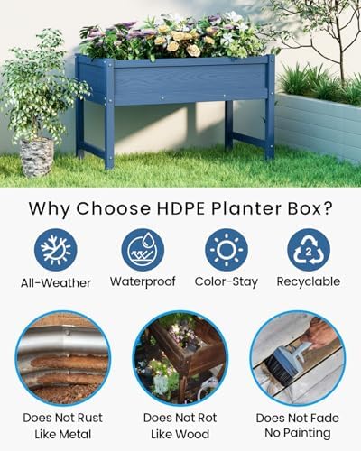 Weatherproof Raised Garden Bed, HDPE Outdoor Elevated Planter Box with Legs, Garden Box, Flower Beds for Patio, Deck, Balcony (Navy Blue) - Image 3
