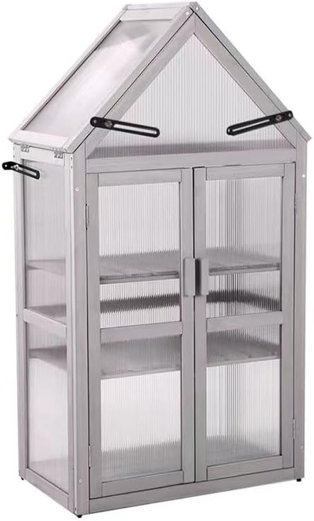 Cold Frame Greenhouse, Small Wood Greenhouses, Mini Polycarbonate Green House with Adjustable Roof, 2 Adjustable and Removable Shelves for Outdoors, Indoors Plant, Flower, Vegetable by ANTSKU