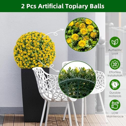 15.7 Inch Artificial Hanging Topiary Balls Set of 2, Faux Flower Balls for Garden Patio Wedding Valentine's Day Decor, Outdoor Indoor Hanging Decorations for Porch Front Door Party, Yellow - Image 3