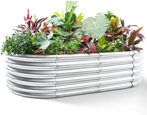 Land Guard Galvanized Metal Raised Garden Bed Kit, 8x4x1.5ft Large Planter Boxes Outdoor, Oval Gardening Box, Patio Garden Planter Box for Vegetables (Silver) by LandGuard