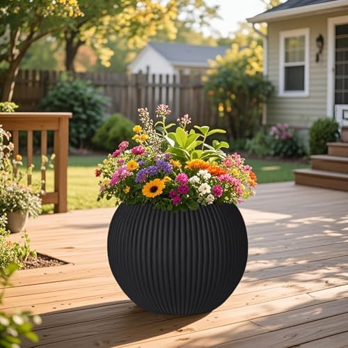 16" Sphere Fluted Outdoor Planter, Black,Modern Round Plant Pot - Image 2