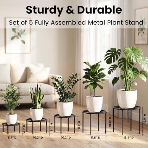 TOSKING 5-Pack Metal Plant Stands, Geometric Pattern, 5 Sizes, Black - Image 2